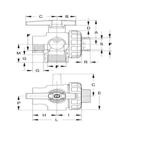 Valvola a sfera a tre vie da 1″1/2 f/f/m dimensioni